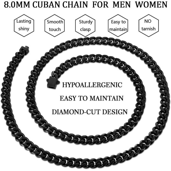 Fiusem e.8mm width-black 20 inches 3.5mm Cuban Link Chains for Men, - Picture 5 of 9